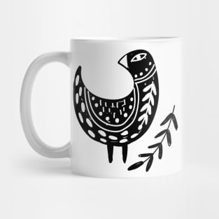 Folk Art Bird with Branch of Leaves in Black Mug